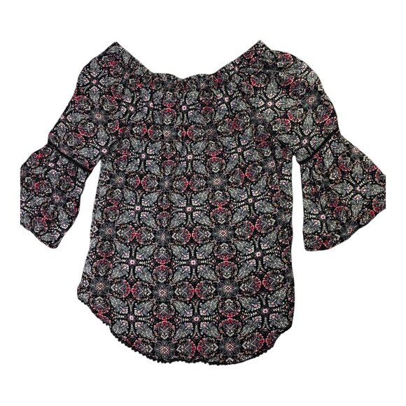 Solitaire Blouse Womens Medium Black Pink Boho Bell Sleeve Rayon Floral Crochet - Picture 5 of 11